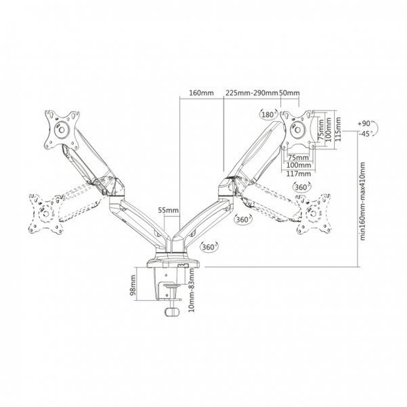 L-16DG - Regulowany uchwyt do 2 monitorów na sprężynie gazowej