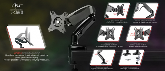 L-15GD - Regulowany uchwyt do 1 monitora na sprężynie gazowej